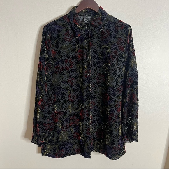 Anne Carson Size Large Colorful Velvet Floral Boho Lagenlook Button Top NN5 - Picture 1 of 7